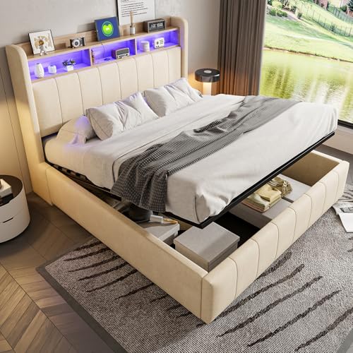GigaXynium Polsterbett mit Beleuchtung und USB-Anschluss, Kopfteil mit Ablageflächen und Stauraum, mit hydraulischem Stauraum (Beige, 160X200cm) von GigaXynium