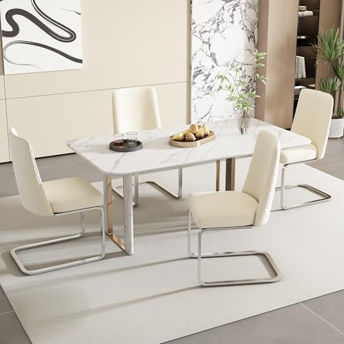 GigaXynium Samt-Esszimmerstuhl, luxuriös, Wohnzimmer, Schlafzimmer, Lounge-Sessel, Diamant-Rücken-Design, mit Metall-Stützbeinen (4, Beige+Silver) von GigaXynium