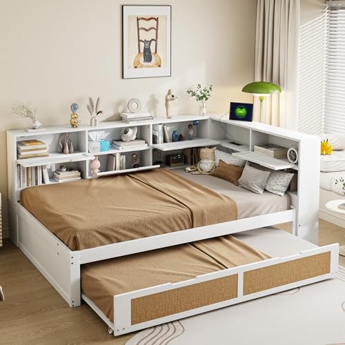 GigaXynium Schlafsofa aus Massivholz 90X200 mit Schublade Multifunktionales Einzelbett Kinderbett mit vielen Staufächern und Ladeanschluss (Weiß mit Ausziehbett, 140X200 cm) von GigaXynium