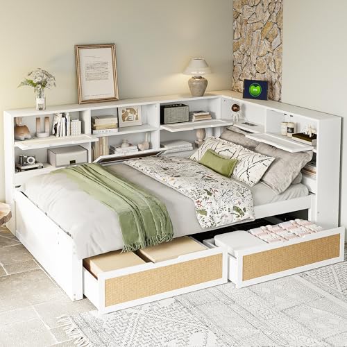 GigaXynium Schlafsofa aus Massivholz 90X200 mit Schublade Multifunktionales Einzelbett Kinderbett mit vielen Staufächern und Ladeanschluss (Weiß mit Schublade, 140X200 cm) von GigaXynium