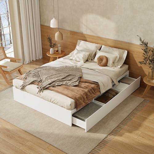 GigaXynium Stauraumbett 140 x 200 cm, Doppelbett, Funktionsbett, Massivholzbett, mit Stauraumbox unter dem Bett, mit Schubladen, mit Stauraum, ohne Matratze von GigaXynium