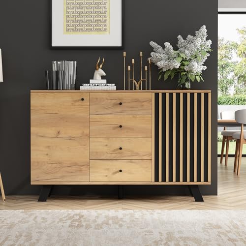 GigaXynium Wohnzimmer Sideboard, Hohldesign Schrank mit 4 Schubladen, Beistelltisch mit 2 Schränken, vielseitig einsetzbar, Wohnzimmerschrank mit 5 Massivholzbeinen von GigaXynium