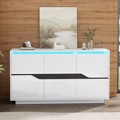 Wohnzimmeranrichte, Sideboards Mit 3 Türen, vielseitig einsetzbar Kommode mit verstellbaren Trennwänden, breite grifflose Schließfächer, Hochglanz Sofa Beistellschrank mit-LED (Weiß+Schwarz) von GigaXynium