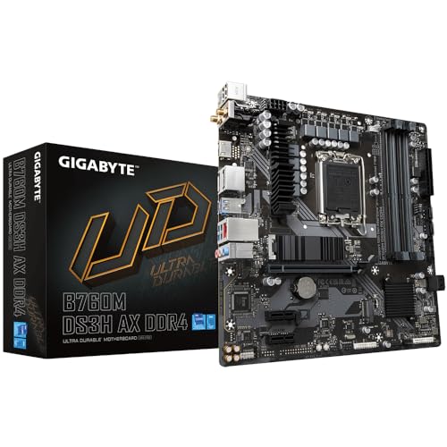 GIGABYTE B760M DS3H AX DDR4 Motherboard - Unterstützt Intel Core 14. Generation CPUs, 6+2+1 Phasen Digital VRM, bis zu 5333MHz DDR4 (OC), 2xPCIe 4.0 M.2, Wi-Fi 6E, 2.5GbE LAN, USB 3.2 Gen2 von Gigabyte