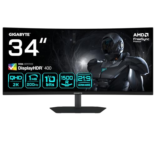 GIGABYTE G34WQC2 34” WQHD Curved Gaming-Monitor - 3440 x 1440, 1500R, 200Hz, 1ms, 450 cd/m², AMD FreeSync Premium, DisplayHDR 400, HDMI 2.0, Displayport 1.4 von Gigabyte