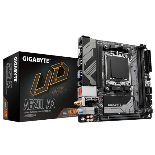 GIGABYTE A620I AX Motherboard - Unterstützt AMD Ryzen 8000 CPUs, 5+2+1 Phasen Digital VRM, bis zu 6400MHz DDR5 (OC), 1xPCIe 4.0 M.2, Wi-Fi 6E, 2.5GbE LAN, USB 3.2 Gen 2 von Gigabyte