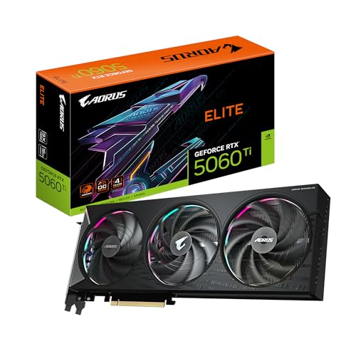 Gigabyte AORUS GeForce RTX 5060 Ti Elite 16G Grafikkarte – 16 GB GDDR7, 128 Bit, PCI-E 5.0, 2722 MHz Kernfrequenz, 3 x DisplayPort, 1 x HDMI, GV-N506TAORUS E-16GD von Gigabyte