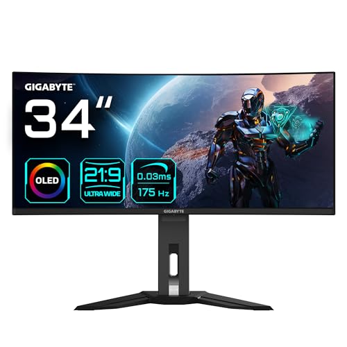 Gigabyte MO34WQC 34" OLED WQHD Curved Gaming Monitor - 3440 x 1440, 175Hz, 0.03ms, KVM, 250 cd/m², FreeSync Premium Pro, DisplayHDR True Black 400, HDMI 2.1, Displayport 1.4 von Gigabyte
