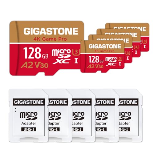 [5 Jahre kostenlose Datenwiederherstellung] GIGASTONE 128GB 5er-Pack Micro SD Karte, 4K Game Pro MAX, bis zu 120/80 MB/s, MicroSDXC Speicherkarte für Nintendo Switch 1 Gopro DJI, A2 V30 U3 +Adapter. von Gigastone