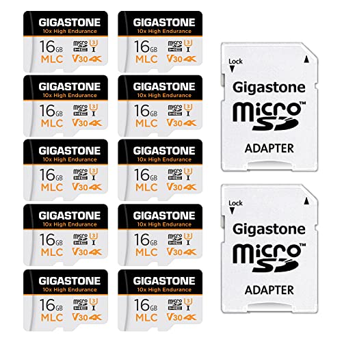 Gigastone MLC 10x High Endurance 16GB MicroSDHC Speicherkarte 10er-Pack und SD Adapter, bis zu 95/30 MB/s ideal für 4K Videoaufnahme, Kompatibel mit Dashcam Überwachungskamera, UHS-I U3 V30 Klasse 10 von Gigastone