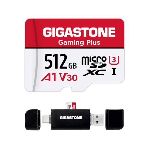 [GIGASTONE] 512GB Micro-SD-Karte mit USB Typ C Kartenleser, Gaming Plus, MicroSDXC Speicherkarte für Nintendo-Switch 1, 4K-Videoaufnahme, UHS-I A1 U3 V30 C10, bis zu 100 MB/s, mit Kartenleser von Gigastone