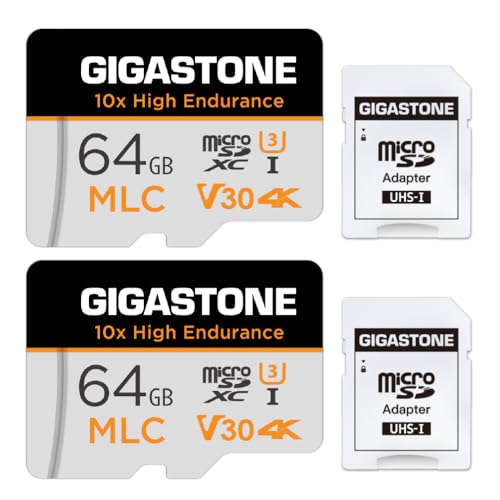 Gigastone MLC 10x High Endurance 64GB MicroSDXC Speicherkarte 2er-Pack und SD Adapter, bis zu 100/65 MB/s ideal für 4K Videoaufnahme, Kompatibel mit Dashcam Überwachungskamera, UHS-I U3 V30 Klasse 10 von Gigastone