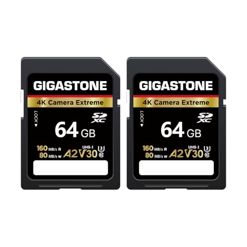 GIGASTONE 64GB 2er-Pack SDXC-Speicherkarte, 4K Camera Extreme, bis zu 160 MB/s, kompatibel mit Canon Sony Panasonic, A2 V30 U3 UHS-I C10 für 4K UHD Video, mit 2 Mini-Hüllen GIGASTONE 64GB 2er-Pack SDXC-Speicherkarte, 4K Camera Extreme, bis zu 160 MB/s, kompatibel mit Canon Sony Panasonic, A2 V30 U3 UHS-I C10 für 4K UHD Video, mit 2 Mini-Hüllen von Gigastone
