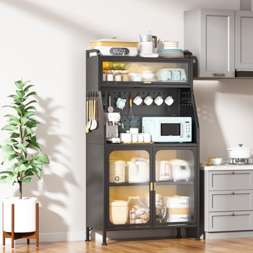 Gigecor Küchenschrank, Metallschrank mit Rollen und Verstellbare Füße, Hochschrank Küche mit Verstellbaren Ablagen, Küchenschrank mit Arbeitsplatte für Küche, Wohnzimmer, Esszimmer 160*86*36-schwarz von Gigecor