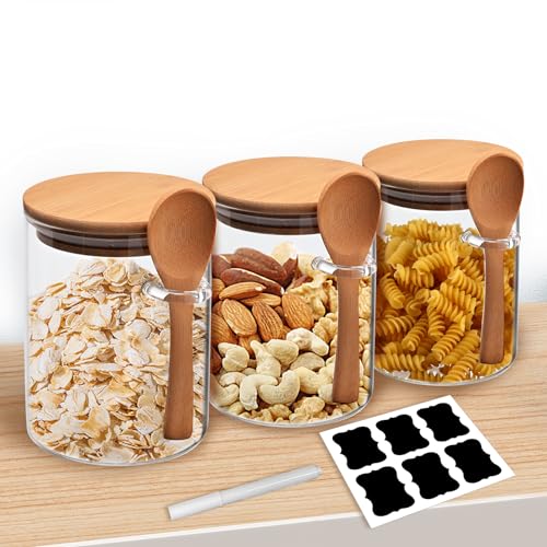 Gigmeta Vorratsgläser mit Deckel und Löffel 3er Set 540ml Vorratsdosen aus Glas mit Bambusdeckel, Küche luftdicht Aufbewahrungsgläser Gewürzgläser, Joghurtgläser, Glasbehälter Set von Gigmeta