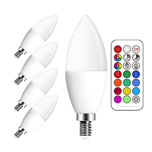 Gikkali E14 LED Lampe RGB, 5W (ersetzt 50W) kaltweiß Licht 6000K, RGB Kerze Glühbirne, Dimmbar mit Fernbedienung, 12 Farben, RGB Farbwechsel Farbige (4er-Pack) von Gikkali