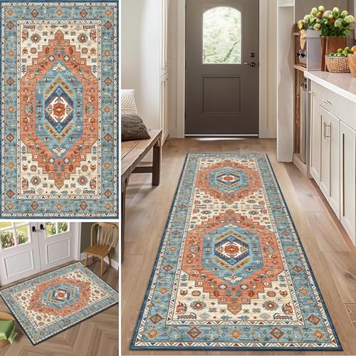 Gikleihwy Orientalischer Teppich Läufer 110x500cm Blumenmuster Flur Teppich Waschbar Küchenteppich rutschfeste Fußmatte Langläufer für Korridor Schlafzimmer von Gikleihwy