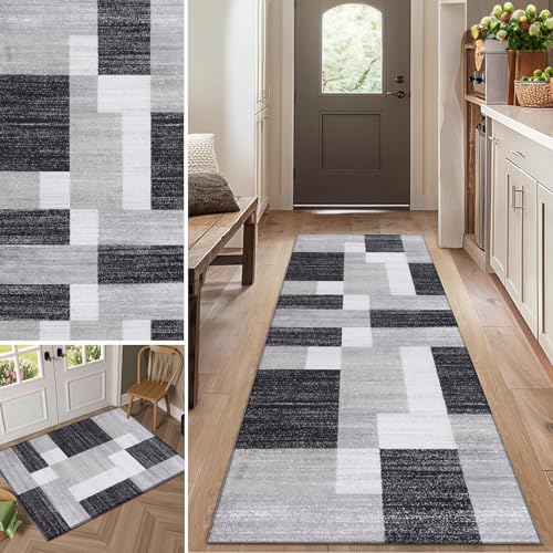Gikleihwy Teppich Läufer Flur Lang 80x450 cm Karomuster Waschbar rutschfest - Flurläufer Korridor Teppich für Küche, Eingangsbereich, Wohnzimmer & Schlafzimmer mit Design aus geometrischen Mustern von Gikleihwy