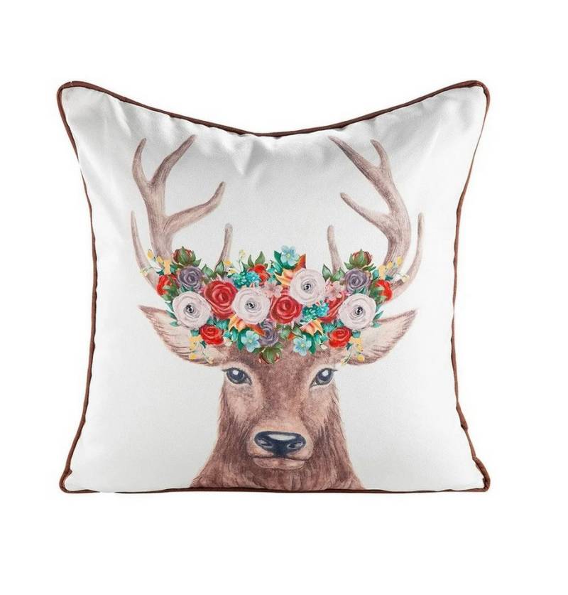 GILDE Dekokissen Kissen Hirsch mit Blütenkranz Modern 45 x 45 cm Beige Braun, Hirschkopf mit Blumenkranz von GILDE