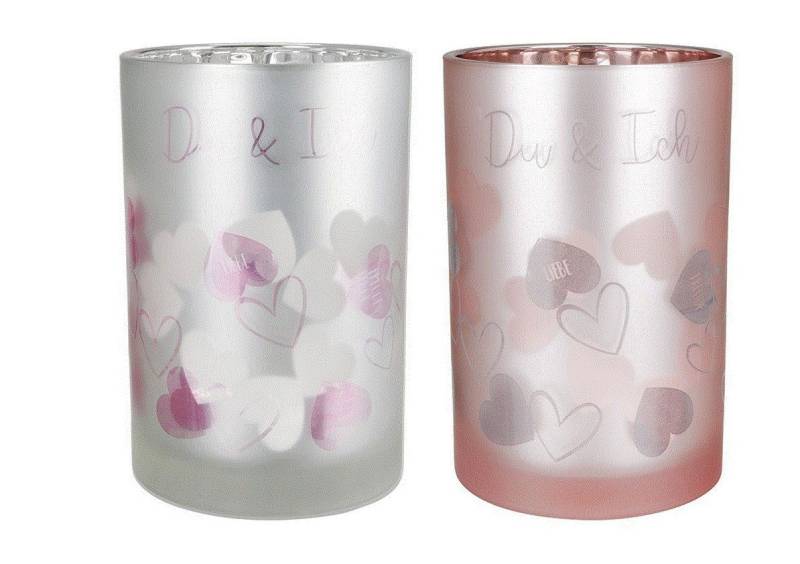 GILDE Windlicht 2er SET-Glas Windlicht "Du&Ich" 18cm hoch, Größe L, pink+silber von Gilde