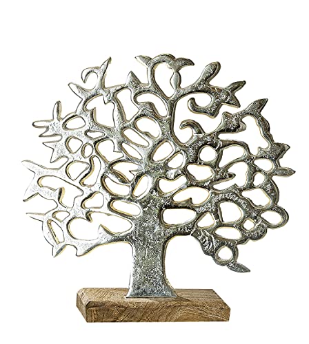 GILDE Deko Figur Baum - Lebensbaum - Aluminium - Silber - auf Holzfuß - Höhe 46 - Breite 49 cm von GILDE