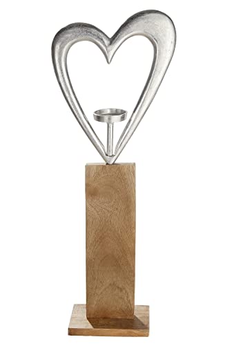 GILDE Leuchter Herz - aus Aluminium auf Holzsockel Silber-braun - Geschenk Geburtstag Muttertag Valentinstag - Deko Hochzeit Höhe 85 cm von GILDE