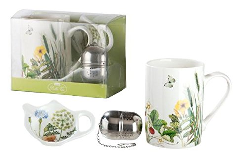 Gilde Tasse aus Porzellan mit Sieb und Deckel mit Blumen und Schmetterlingen Dekor Wild Flowers von GILDE