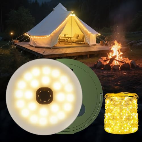 Giliwosy Camping Lichterkette, 10M Camping Lichterkette Aufrollbar mit 8 Beleuchtungsmodi, 2600mAh Akku, Timer, Wasserdicht und USB Aufladung für Camping Wandern Hof Party Dekoration von Giliwosy