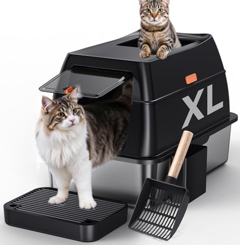 Gimars 3 in 1 Hochseitige Anti-Auslauf Edelstahl Katzentoilette mit Deckel, Extra Große Geschlossene Katzenkiste mit Schaufel, Front- & Oberer Eingang für Mehrere Katzen von Gimars