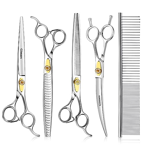 Gimars 8-Zoll-Profi-Hundepflegeschere aus 440C-Edelstahl, robust, 6-in-1 – gerade, dünner, dicker, gebogene Schere und Kamm, ergonomische Haustierpflegeschere für Hunde, Katzen von Gimars