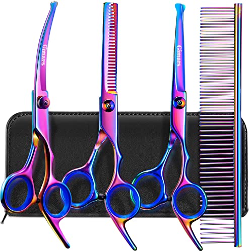 Gimars Hundepflegescheren-Set, professionell, 4CR, mit runder Sicherheitsspitze, 5-in-1-Hochleistungsschere mit Titanbeschichtung und gebogener und gerader Schere Gimars Hundepflegescheren-Set, professionell, 4CR, mit runder Sicherheitsspitze, 5-in-1-Hochleistungsschere mit Titanbeschichtung und gebogener und gerader Schere von Gimars