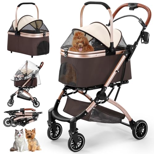 Gimars Upgrade 4 in 1 Katzenwagen & Hundewagen Bis 20kg Klappbar,360° Gummireifen Katzen Wagen Mit Hinterradbremse, Hundebuggy Mit Regenschutz Einziehbare Zugstange Für Kleine Hunde Katze Khaki von Gimars