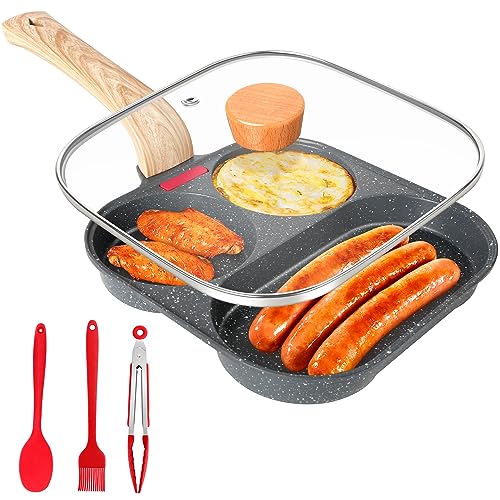 Gimars Spiegeleipfanne mit Deckel, 3 Loch Pancake Pfanne, Aluminium-Antihaft Bratpfanne für Induktionsherd & Gasherd, Frühstückspfanne für Omeletts, Frikadellen, Pfannkuchen von Gimars