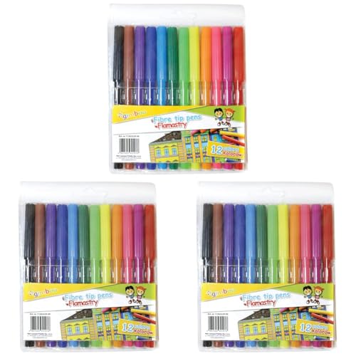 Gimboo Filzstifte / 12 Stück/Spitze 1 mm/Schulfilzstifte Fasermaler mit Loch zum Aufhängen/Erwachsene und Kinder/Perfekt für Schularbeiten/Mischfarben (Packung mit 3) von gimboo