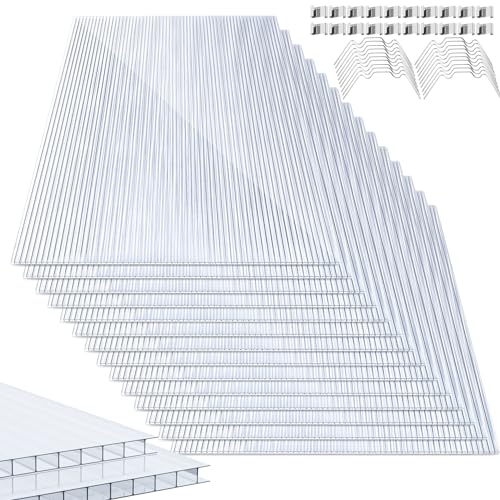 Gimisgu 14x Polycarbonat Hohlkammerstegplatten 4mm, 10,25 m² Polycarbonatplatten ,50x Klammern, 50x Z-Clips, 60.5 x 121cm Doppelstegplatte, Stegplatte Gewächshausplatte UV-beständigen für Gewächshaus von Gimisgu