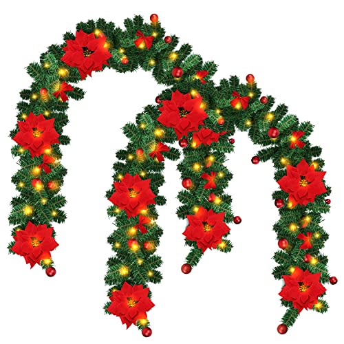 Gimisgu 2er 2.7M Weihnachtsgirlande, Künstlich Tannengirlande mit Beleuchtung inkl.Deko, Batteriebetrieben mit 50 LEDs Warmweiß, Weihnachtskranz Weihnachtsdeko Girlande(Rot Blumen) von Gimisgu