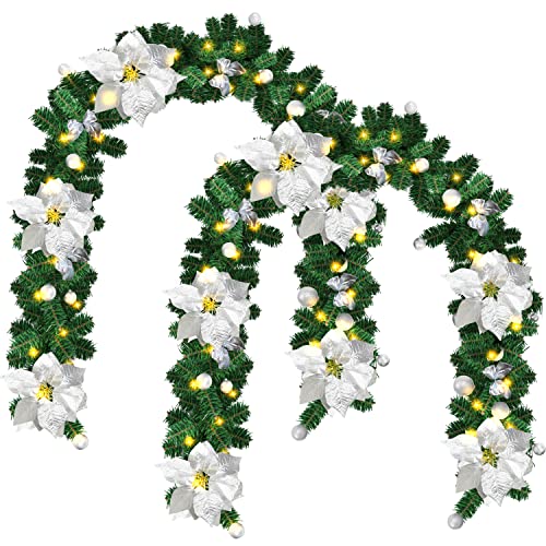 Gimisgu 2er 2.7M Weihnachtsgirlande, Künstlich Tannengirlande mit Beleuchtung inkl.Deko, Batteriebetrieben mit 50 LEDs Warmweiß, Weihnachtskranz Weihnachtsdeko Girlande(Silber Blumen) von Gimisgu