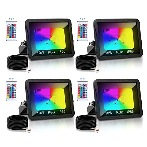 Gimisgu 4x10W RGB LED Strahler mit Fernbedienung, IP66 Wasserdicht Dimmbares Flutlicht, Farbwechsel 16 Farben 4 Modi mit Memory Funktion für Gärten Stimmungslichter (kein Stecker), 4 Pack von Gimisgu