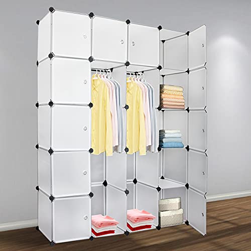 Gimisgu DIY Kleiderschrank Regalsystem 20 Würfel Garderobe Kleiderschrank Offen Kunststoff Garderobe mit Türen Garderobenschrank Weiß 180 x 142 x 37CM von Gimisgu