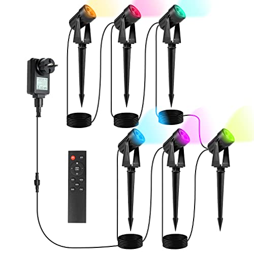 Gimisgu Gartenbeleuchtung LED, 6 in 1 RGB Farbwechsel Gartenleuchten LED mit Erdspieß, 6er Set Gartenlampe Wegbeleuchtung mit Stecker und Fernbedienung, IP65 Wasserdicht für Garten Teich von Gimisgu