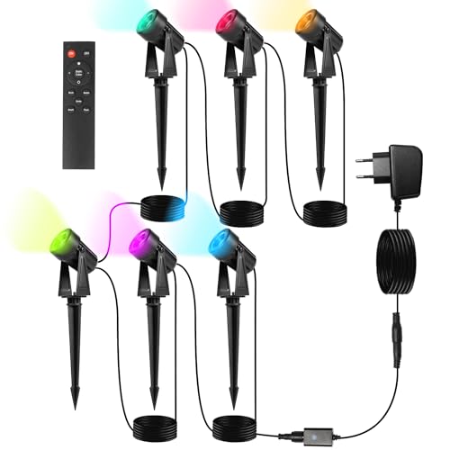 Gimisgu Gartenbeleuchtung LED, 6 in 1 RGB Farbwechsel Gartenleuchten LED mit Erdspieß, 6er Set Gartenlampe Wegbeleuchtung mit Stecker und Fernbedienung, IP65 Wasserdicht für Garten Teich von Gimisgu