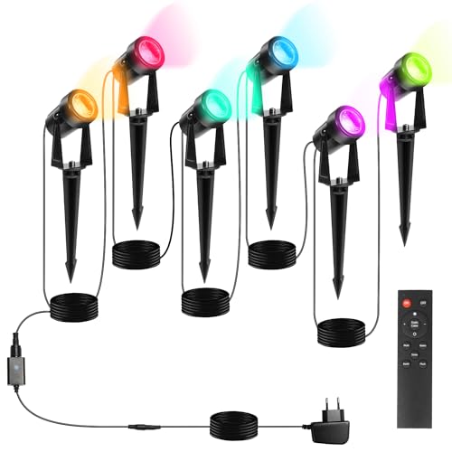 Gimisgu Gartenbeleuchtung LED 6er Set, IP65 Wasserdichter 6 in 1 Gartenleuchte, 1W RGB Farbwechsel Gartenleuchten LED mit Fernbedienung und Erdspieß, Dekorative Gartenlampe Außen-Strahler Beleuchtung von Gimisgu