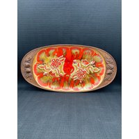 Mid-Century Treasure Craft Keramik-Servierplatte Oranges Blumen-Serviertablett von GinasVintageDelights