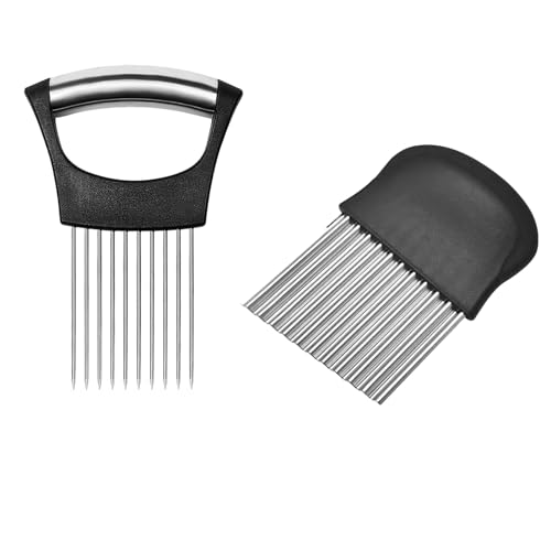 Edelstahl Zwiebelschneider Set mit Wellenmesser Zwiebelhalter & Riffelmesser für Kartoffeln Gemüse Fleisch Rostfrei Spülmaschinengeeignet Ergonomischer Griff (14.5x9cm + 14x9.5cm) von Ginddy