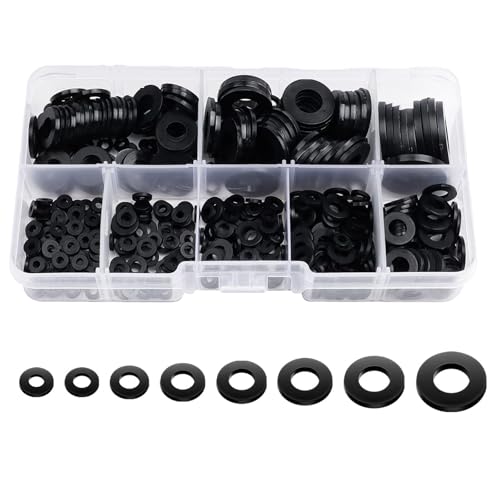 Ginddy Unterlegscheiben,500 Pcs Unterlegscheiben Schwarz Nylon Distanzhülsen 8 Größen Flach Unterlegscheiben mit Antirutschfunktion Fitschenringe Zimmertüren mit M2 M2.5 M3 M4 M5 M6 M8 M10(Schwarz) von Ginddy