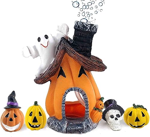 Ginfonr Aquarium Dekoration Halloween Kürbis Spukhaus, Aquarium Deko Ornament Halloween Aqua Ornaments Landschaftsdekoration Fishtank Zubehör Dekor Künstliche Polyharz, Kunststoff ​zubehör Dekor von Ginfonr