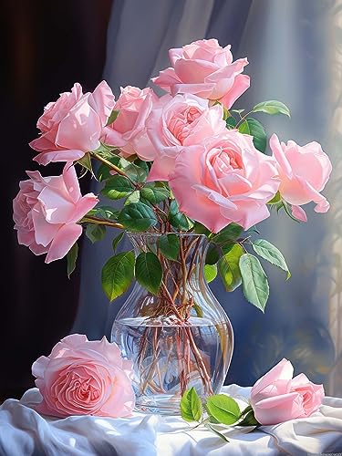 Ginfonr DIY Diamond Painting Zubehör Rosa Blumen Set Full, 5D Diamant Painting Vase Bilder Kit Crystal Rhinestone Embroidery Decoration Für Home Wall Décor 30x40cm von Ginfonr