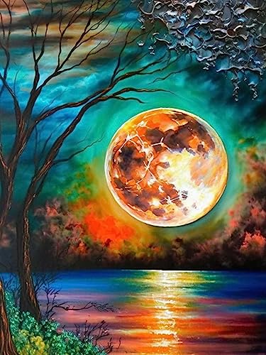 Ginfonr DIY Diamond Painting Zubehör See Mond Set Full, 5D Diamant Painting Landschaften Bilder Kit Crystal Rhinestone Embroidery Decoration Für Home Wall Décor 30x40 cm von Ginfonr