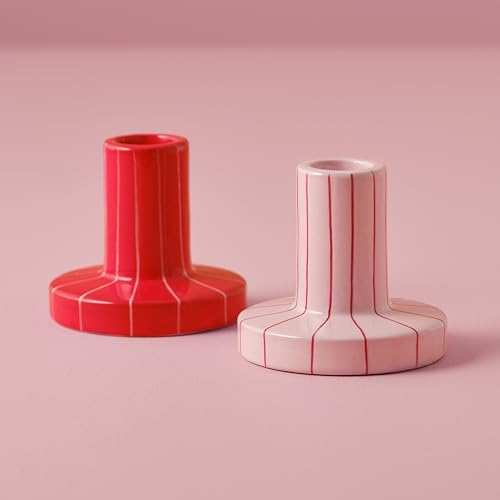 Handbemalte Keramik-Kerzenhalter 2er Set in Rot & Rosa für Tafelkerzen von Ginger Ray
