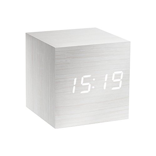 Gingko Cube LED Click Clock Wecker mit Soundaktivierung (Uhrzeit, Datum & Temperatur), weiß/weiß von Gingko